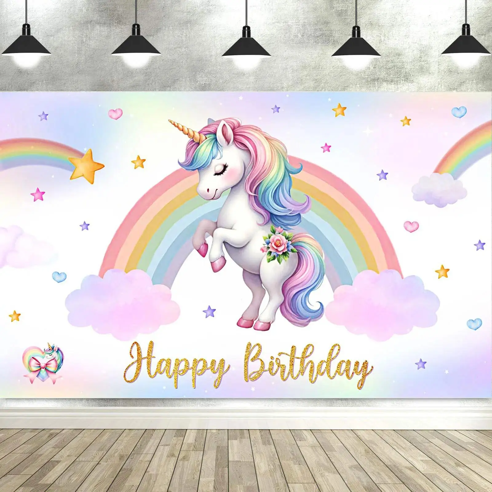 Dewprint Unicorn Birthday Decorations Backdrop for Girls Rainbow Glitter Stars Dots Happy Birthday Banner Photo Booth Props