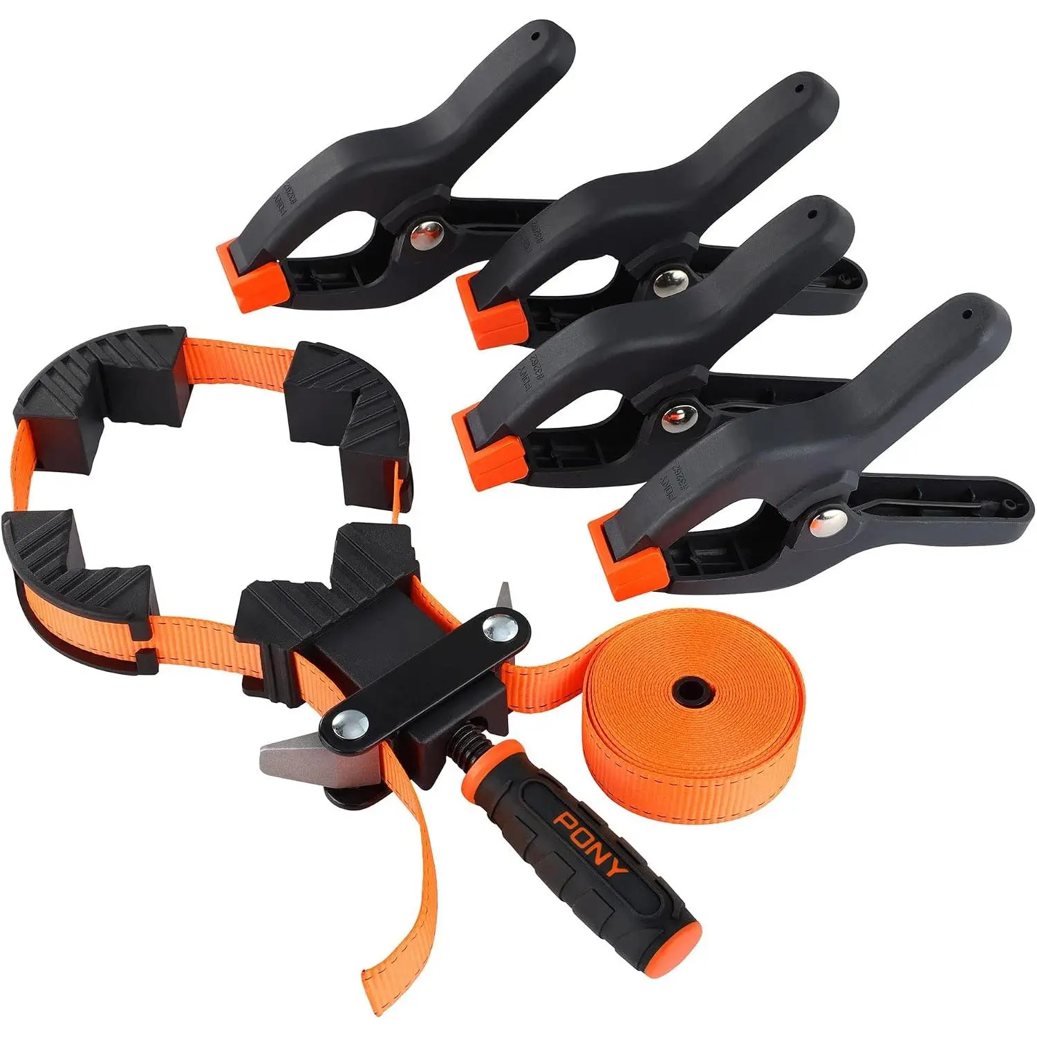 PONY Woodworking Strap Clamp, Picture Frame Clamp with 4-Pack Spring Clamp | Frame Clamping Strap Holder, Rapid Acting Band Clamp, Self-locking Ratchet, Nylon Webbing, for Frames & Shapes