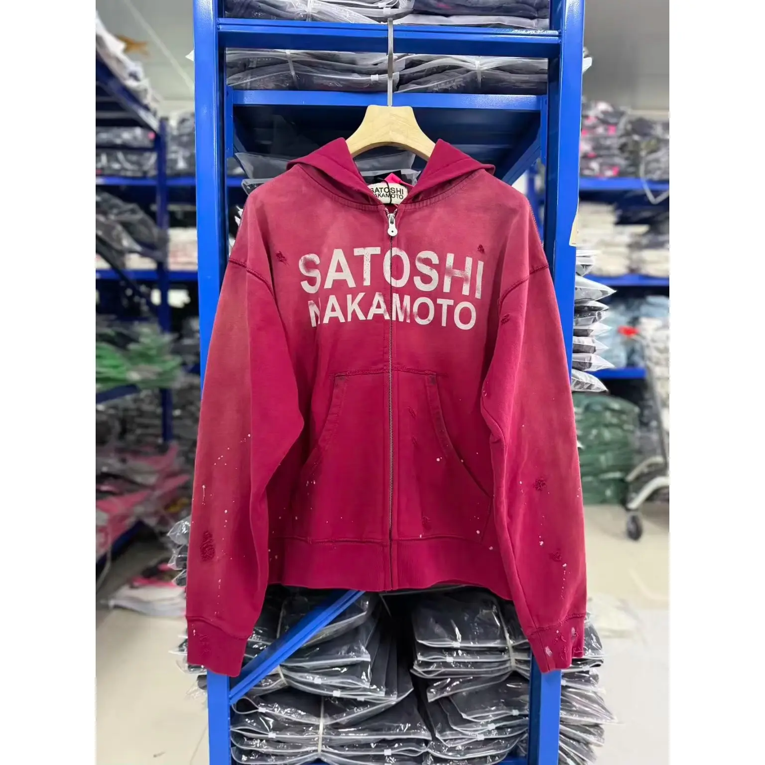 Satoshi Nakamoto Zipper Hoodie Splashed Ink Classic Letters Logo Print Hooded Washed Red Distressed Hole Design Coat Top Quality Streetwear Vintage Graphic Jacket
