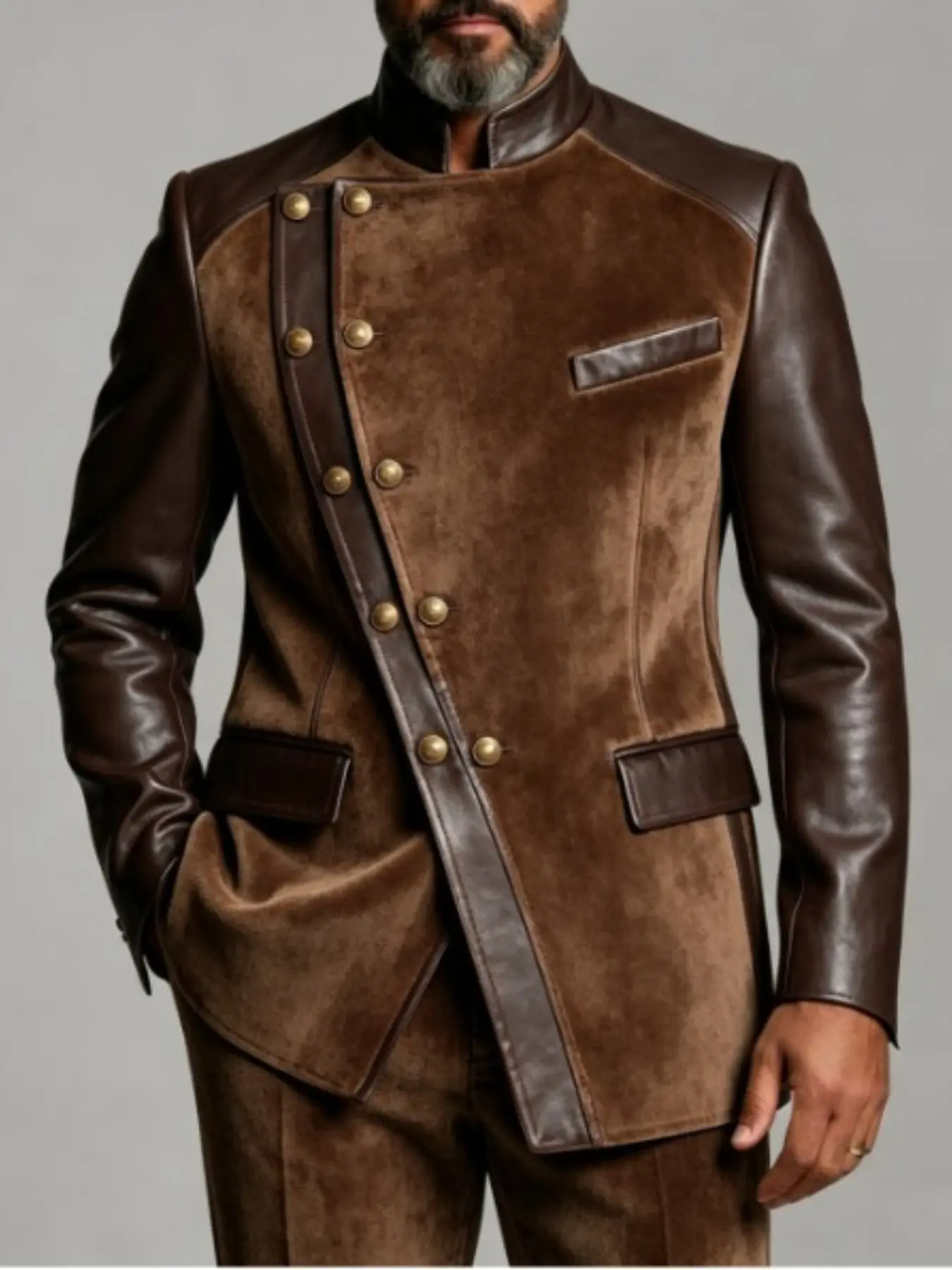 Ainwear Men Velvet Faux-Leather Blazer, Stand Collar Diagonal Button Jacket, Casual All-Season Outerwear, Colorblock Design