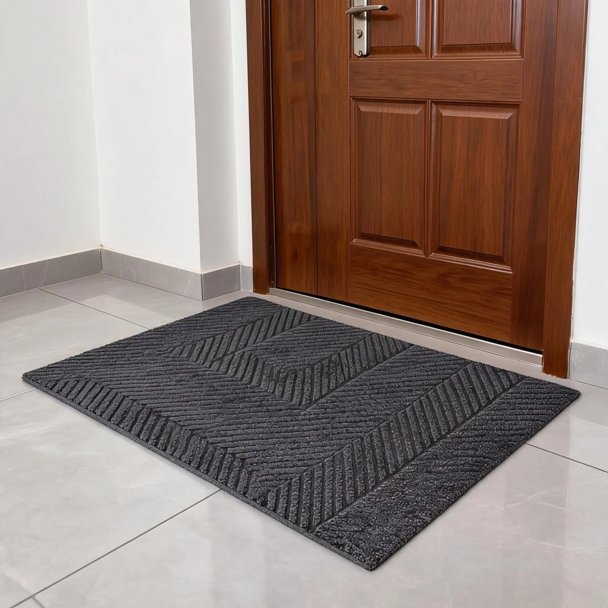 Heavy Duty Gray Door Mat, Ribbed Dirt-Trapping Entryway Rug, Low Profile Non-Slip Indoor Outdoor Mat for High-Traffic Office & Entrance