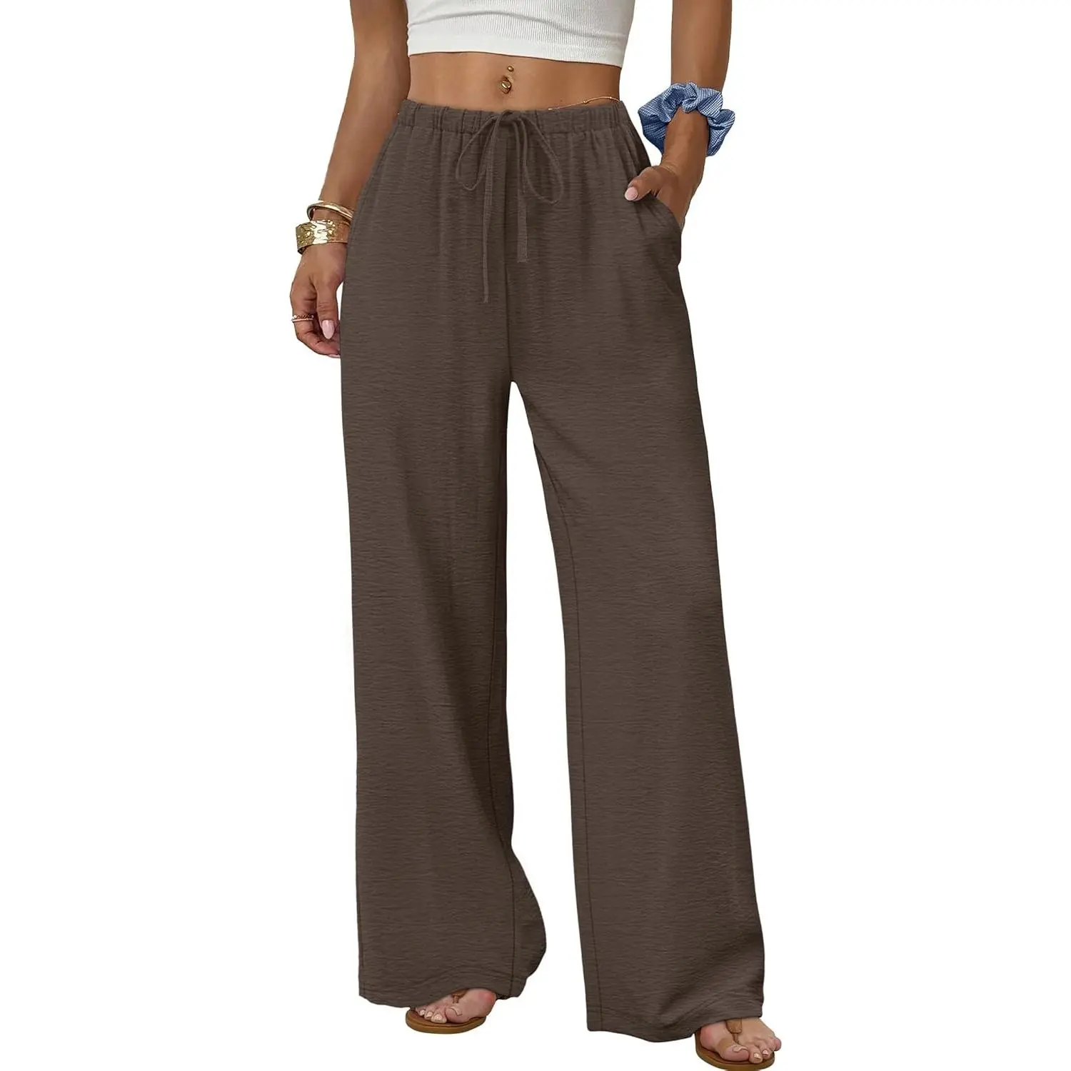 Women's Relaxed Wide Leg Flowy Pants, Drawstring Elastic Waist Trousers with Pockets, Multi-Size Summer Beach Vacation Womenswear Bottoms