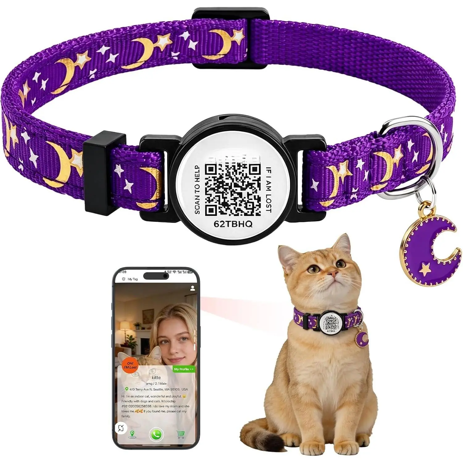 Stars and Moon, Reflective no , Solid & Safe Collars for Cats, Nylon, Kitty Collars,  , Breakaway   with  ID Tags for Boy & Girl,NO APP ()
