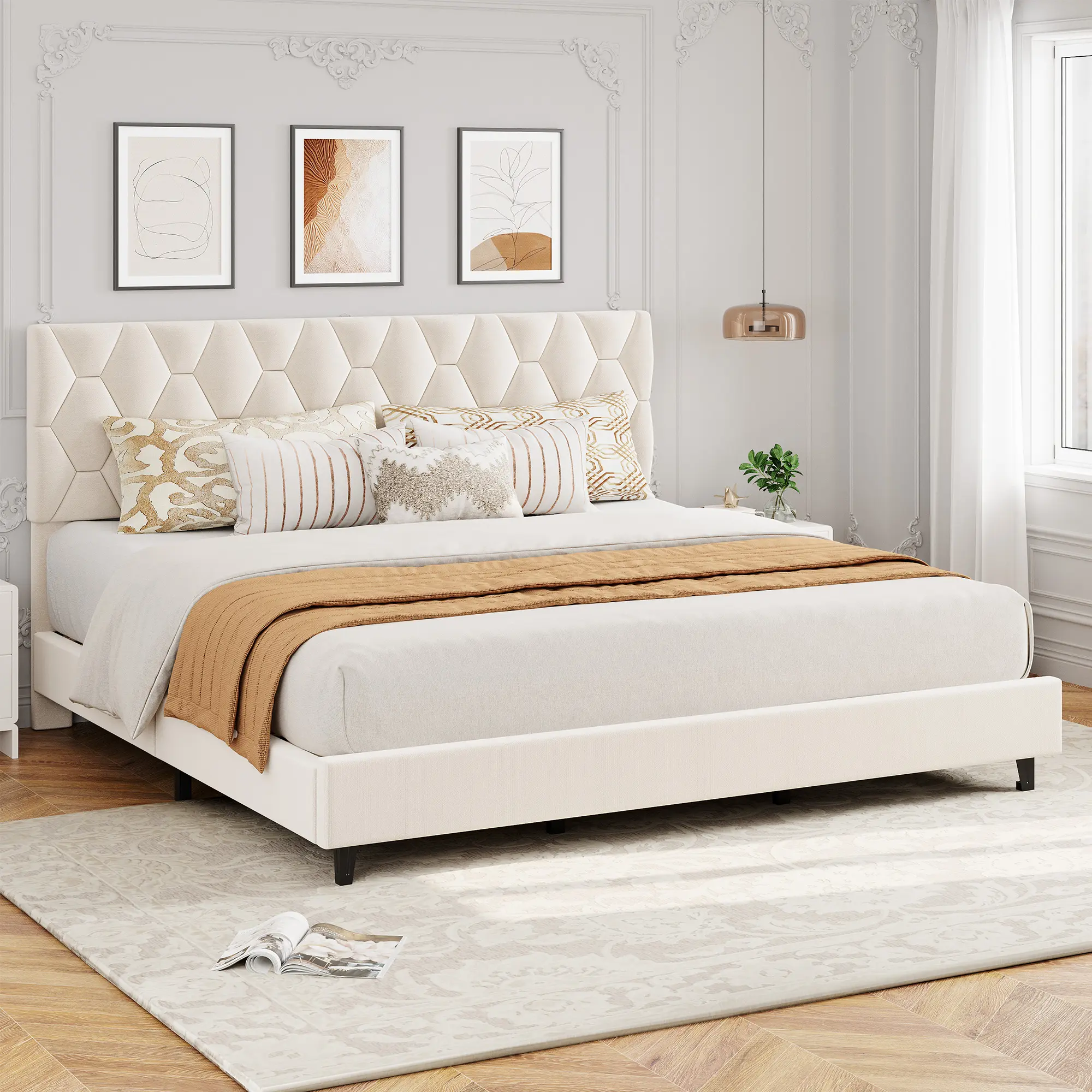 【Garvee】 Modern Upholstered Platform Bed Frame with Headboard – Sturdy Wood Slats – Noise-Free, Heavy-Duty Support – No Box Spring Needed – Easy Assembly – Twin or Full Size – Bedroom Furniture