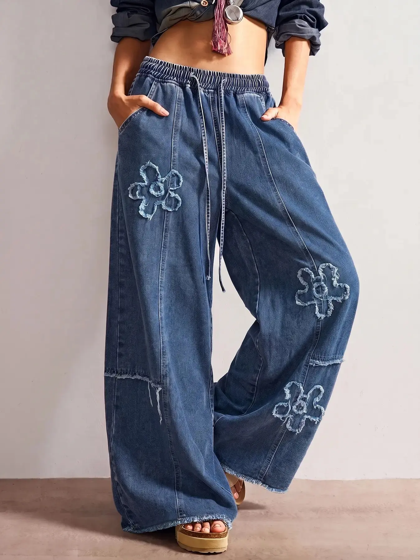 Women's Washed Denim Bottoms, Vintage Floral Baggy Wide Leg Jeans with an Adjustable Drawstring Elastic Waist