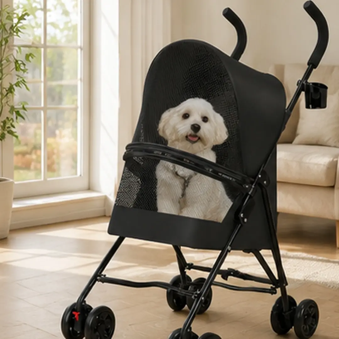 ARCH Casual Black Pet Stroller for Small Dogs/Cats - 7.10 lb Lightweight Foldable, Built-in Cup Holder, Mesh Ventilation, Safe Enclosed Space, Stylish Neutral Look Plastic Frame, Easy Storage, 21.6x17.7x38.2in, Ideal for Travel, Park Walks