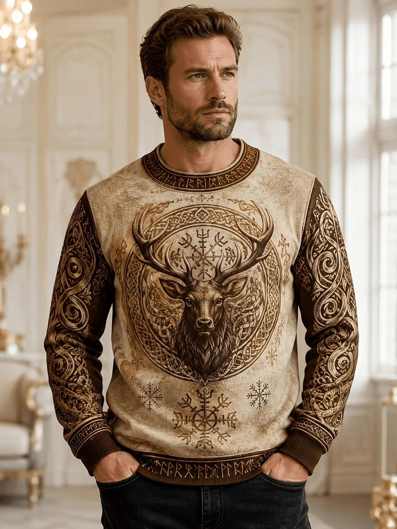Men's round neck long sleeved sweatshirt with Nordic deer totem print, retro style casual men's clothing