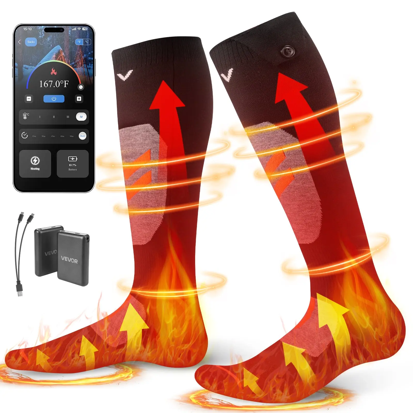 Heated Socks, 5000mAh Battery Powered, Rechargeable Heating Socks with 4 Heating Levels, Electric Heated Sock with APP Control for Men Women, Foot Warmer for Hunting Riding Camping Hiking