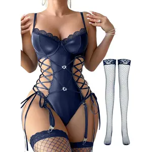Women's Wardrobe  Lilosy Sexy Floral Lace Up Belt Garter Underwire Teddy Bodysuit Lingerie Set
