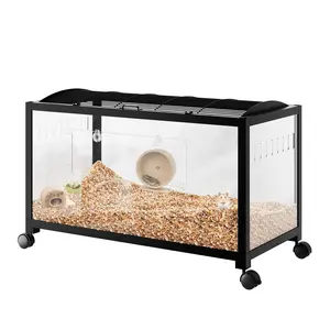 Chew-Proof Metal Hamster Cage - Spacious Small Animal Habitat with Acrylic Panels, Dual Doors, Stackable, Easy Assembly, 4 Wheels - Ideal for Guinea Pigs, Rats, Gerbils, Syrian & Dwarf Hamsters ,Hamster Habitat- Black/white