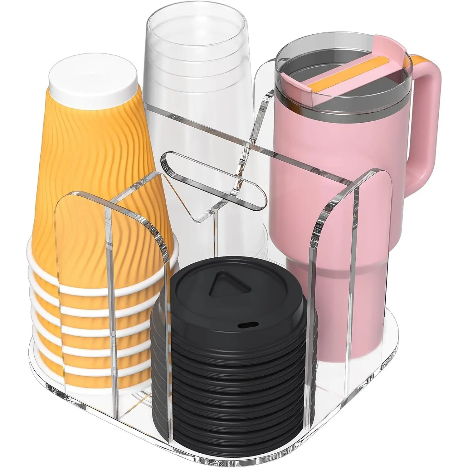 4-Compartment Countertop Cup Dispenser - Clear Acrylic Cup and Lid Carousel Coffee Bar Accessories Rotating Beverage Cup Holder Disposable Paper Cup Organizer for Restaurant Kitchen Breakroom