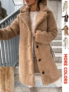 Women's Faux Fur Long Sleeve Lapel Coat, Plush Lined Overcoat, Casual Fashion Outerwear for Fall & Winter, Ladies' Warm Jacket