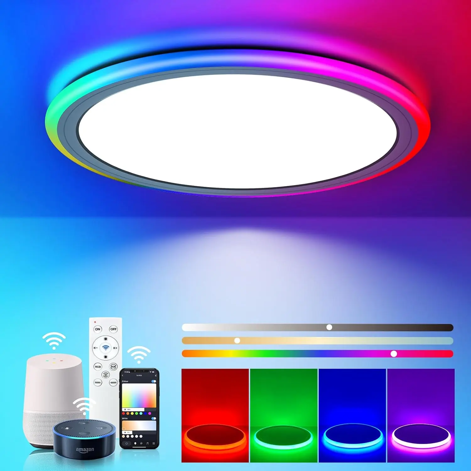 Smart RGB LED Flush Mount Ceiling Light with Remote & WiFi, 13in 24W Dimmable Color Changing Low Profile Wired White Fixture, 0.62-inch Body 2400lm Daily Lighting, Works with Amazon Alexa Google Home App for Bedroom Party, Voice Control