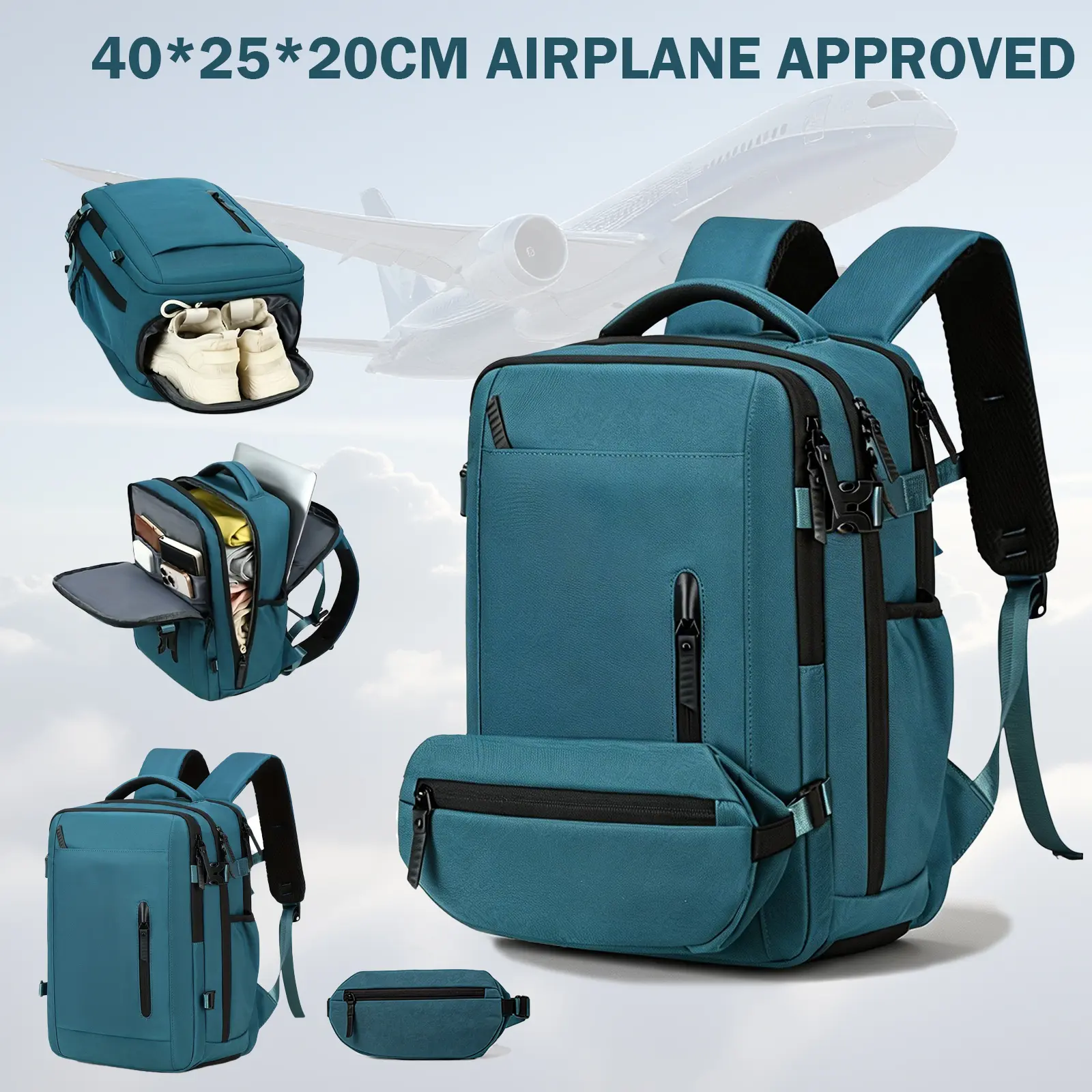 Travel Backpack with Detachable Waist Bag, Airline Approved Carry On Backpack for Women Men, 15.6 Inch Laptop Backpack with Shoe Compartment, 180 °   Opening Weekender Overnight Bag, Multi-Pocket Personal Item Backpack
