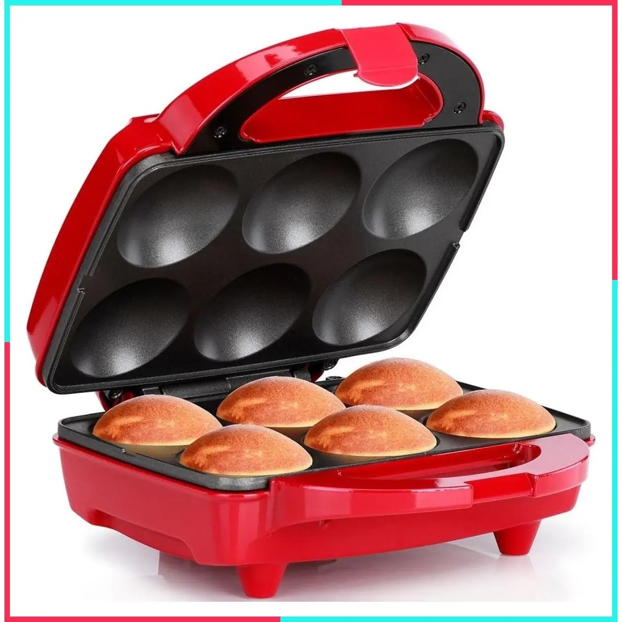 Non-Stick Electric Cupcake Maker – Bakes 6 Cupcakes, Muffins, Pizza Cups, Cinnamon Buns – Perfect for Gifts, Birthdays, Holidays, Bake Sales, Red
