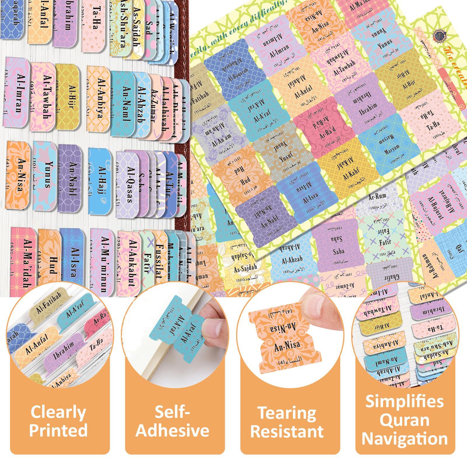 Self-Adhesive Quran Tabs, 120 Pcs/Set Tear-Resistant Surah Organizer Labels with Islamic Designs, Quran Study Accessories & Islamic Gifts, Bookmarks, Sticky Labels