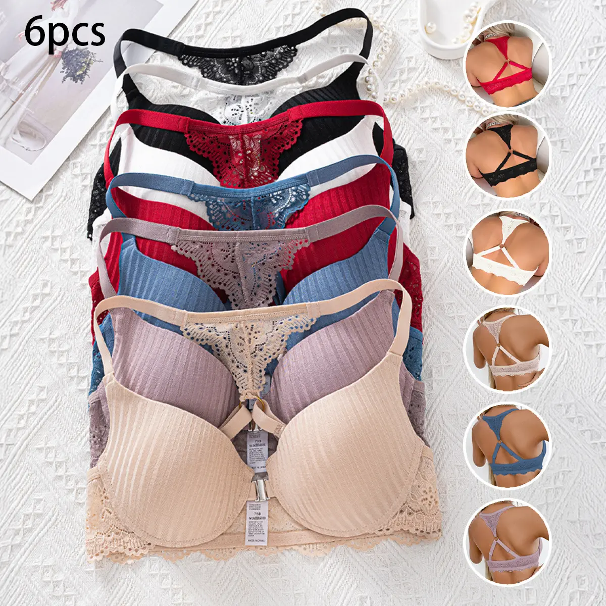 3pcs Elegant Lace Bra Set with Front Closure, High Support Push-Up Design & Contrast Lace Trim - Comfortable Non-Removable Padding, Sexy Floral Print For Women, Lingerie, Stylish Lingerie, Feminine Lingerie, Soft Fabric, Supportive Lingerie