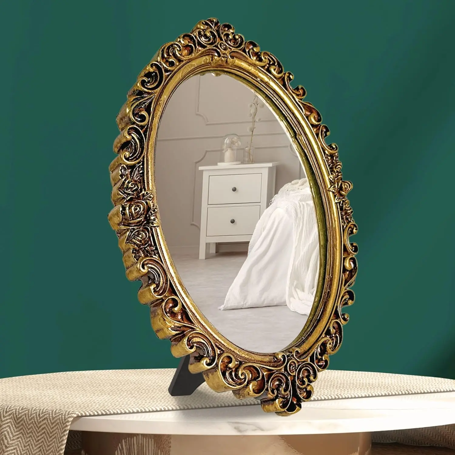 97 Decor Small Oval Mirror for Table - Gold Vintage Mirror for Tabletop and Wall Mounting, Small Decorative Mirrors Frame for Antique Home Bedroom, Victorian Makeup Room Decor