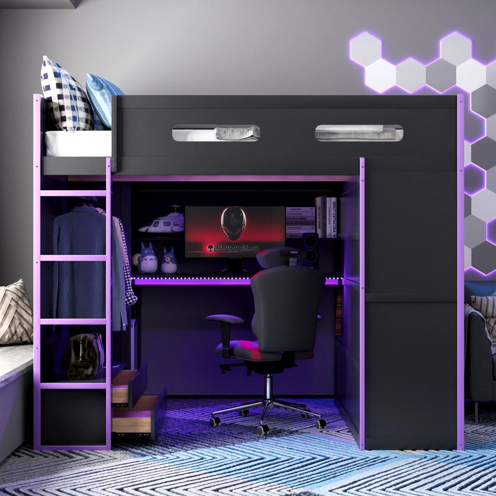 ARCH Full Size Wood Loft Bed with Desk, Wardrobe, Storage Drawers, RGB LED Light Strip, USB Port, Gaming Station, Purple, for Bedroom, Dorm, Game Room, No Mattress Included, Purple Color Options, Wood Material, Product Dimensions: 56.70 W x 78.50 D
