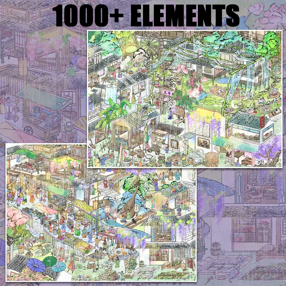 1000+ Elements Water Village Scenes Sticker , Aesthetic Jiangnan Rainy Day Scenery Stickers, Extra-Long Format for Big Projects, Lotus, Boats, Bridges, DIY Supplies, Endless Creations, DIY Crafts Stickers