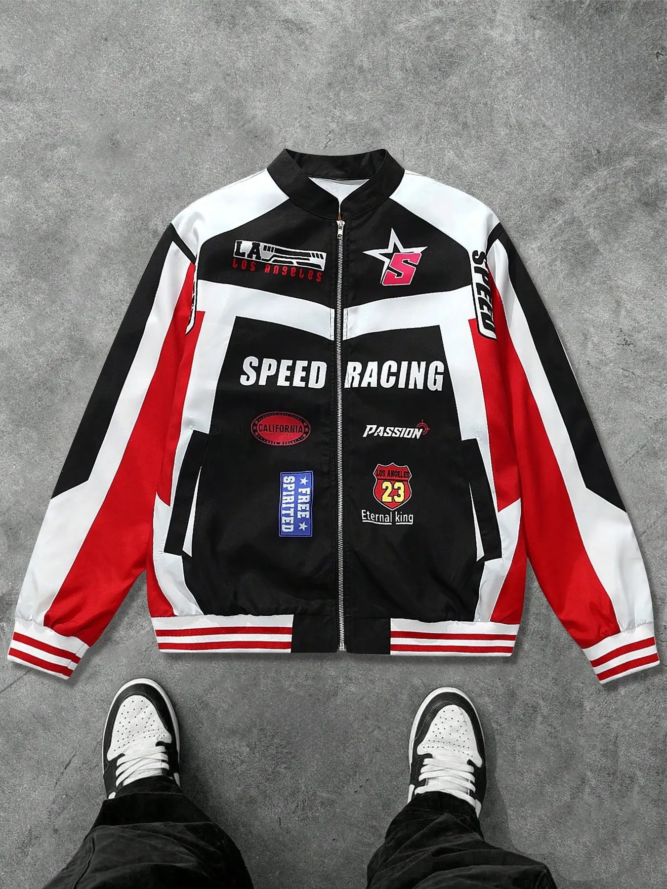 Vintage Speed Racing Multi-Logo Baseball Jacket, Hip-Hop Colorblock Windbreaker, Stylish Retro Sports Outerwear for Men