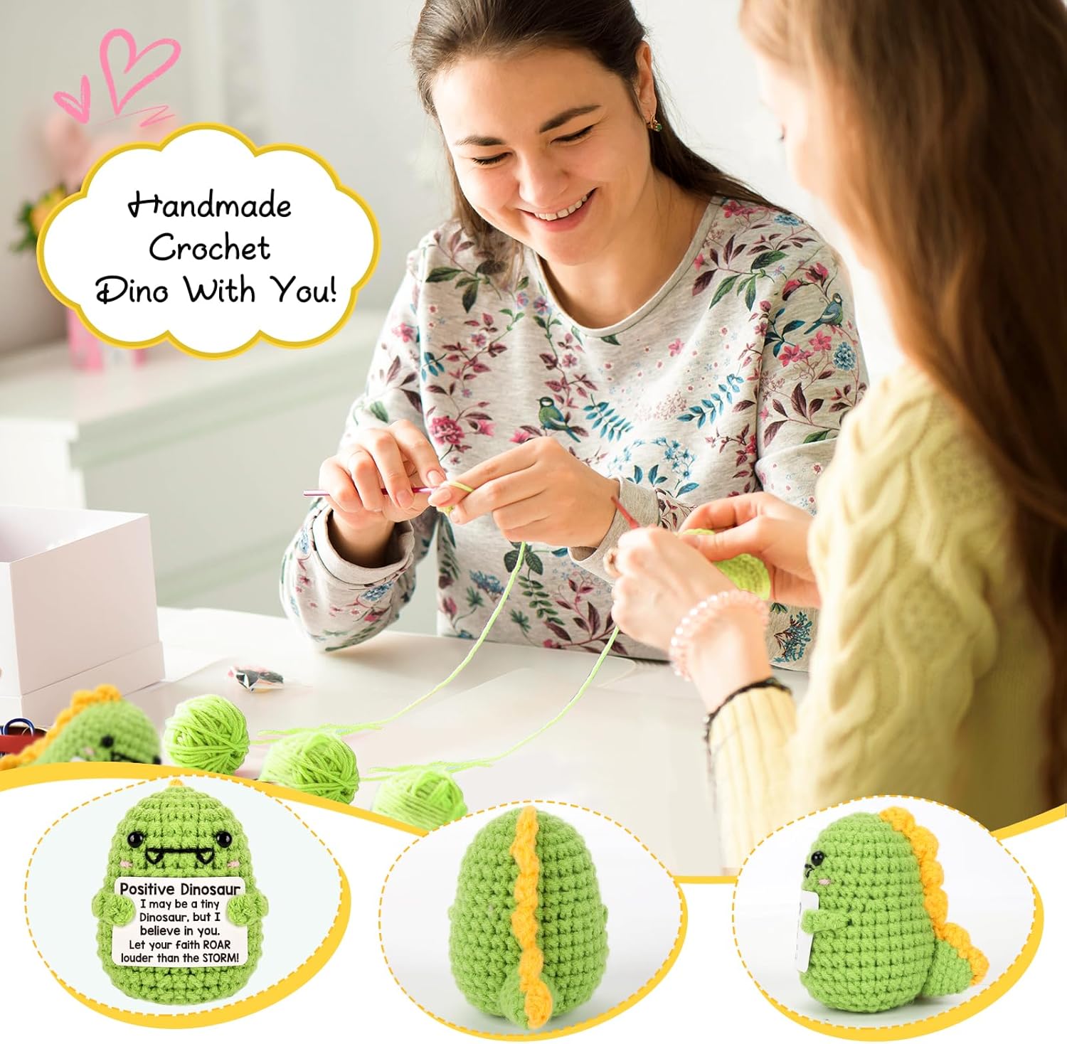 Cute mini handmade inspirational dinosaur plush! This little positive crochet dino is the perfect sweet gift for friends, family, colleagues and loved ones. Great as encouragement presents, birthday gifts and Christmas stocking stuffers for everyone.