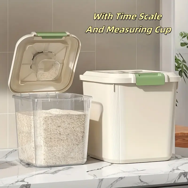 Cream-colored Airtight Food Storage Containers with Easy-access Lids and Time Markers. Plastic Rice Buckets, Moisture-proof and Insect-resistant. Kitchen Pantry Storage Bins with Wheels and Measuring Cups, Ideal for Storing Rice, Grains, Flour, Beans