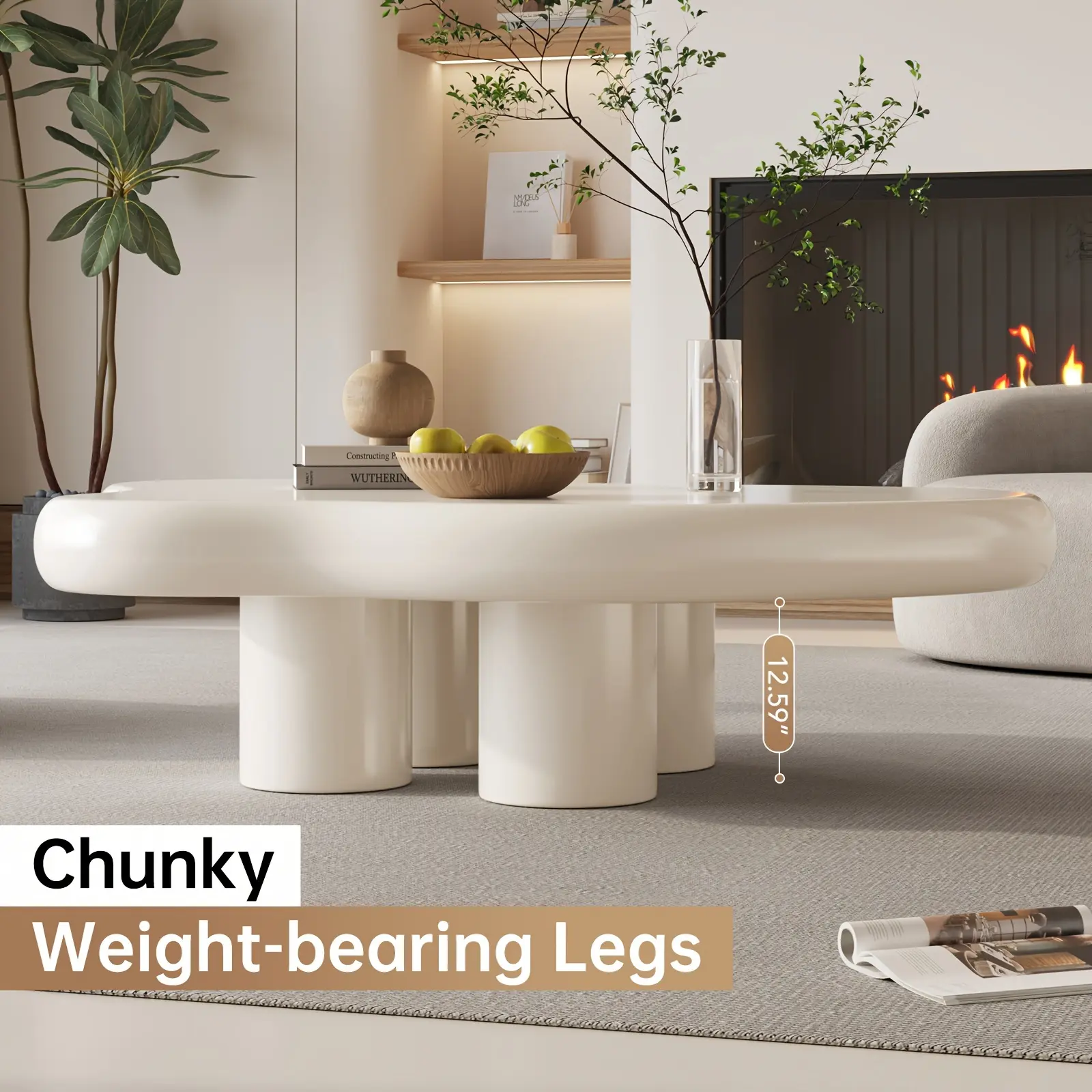 Modern White Cloud Chunky Coffee Table - Modern Center Tables, Decor for Living Room, 4-Leg Design, 35.82in Flat Surface, Minimalist Style with Rounded Edges & Sleek Finish, Unique Irregular Shape