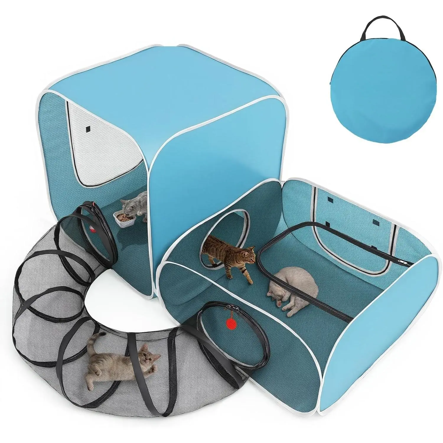 Playpen, 3-in-1 Pop-up Outdoor  Enclosure with 2 Rooms 1 Tunnel, Breathable  Playpen for Indoor Outdoor Use, Portable Catio Tent with Carry Bag for Kitten  Small , Blue