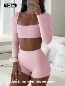 Women's Casual Sporty Long Sleeve Top & Shorts Set, Slim-Fit Thin Fabric for Fall Season, Comfortable Daily Wear Apparel