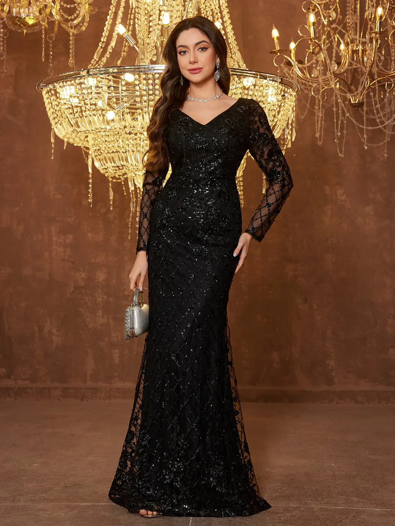 New Elegant V Neck Mesh Dress with Sequins Embroidery, Long Sleeve Waist Cinch Evening Party Gown, Plain Surface Design