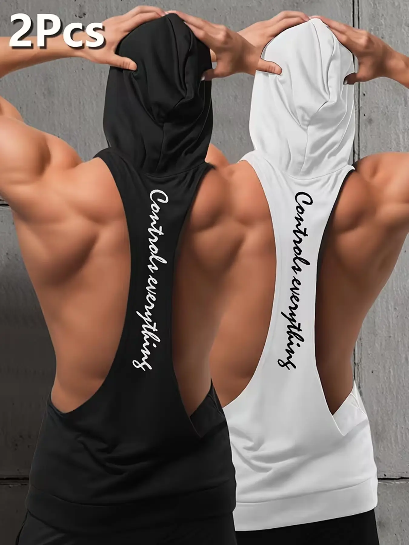 2 Pack Men's Hooded Stringer Tank Tops Fitness Activewear "Controls Everything" Open Back Bodybuilding Muscle Tanks For Weightlifting Gym Training Active Sportswear