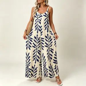 2026 Women Tropical Leaf Print Jumpsuit, Elegant V Neck Casual Romper with Pockets, Fashion One Piece Outfit for European American Ladies