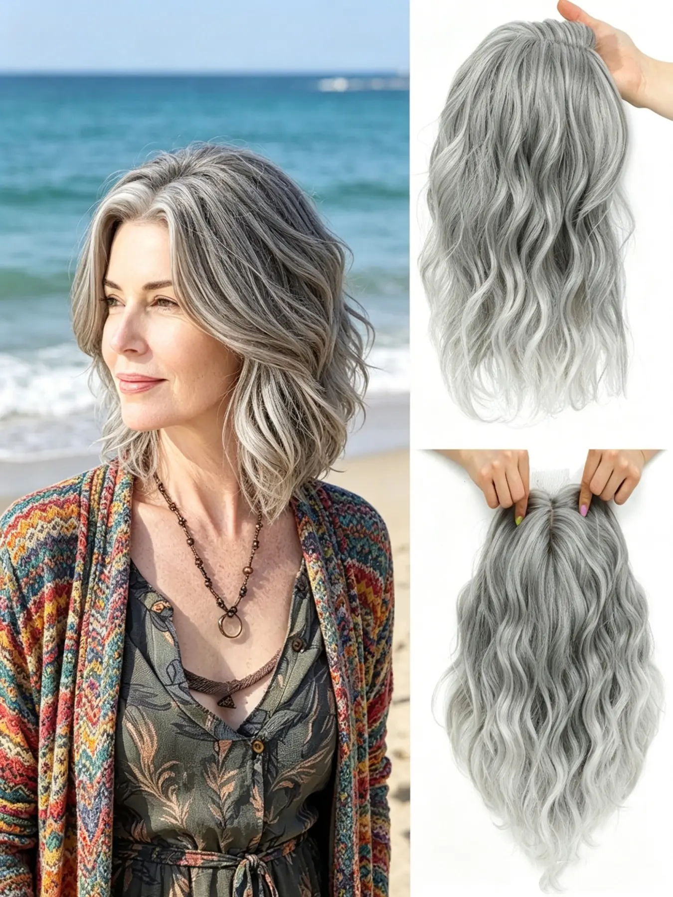 💁‍♀️Instant Volume with Silver Grey Wavy Hair Topper - Mid-Length with Loose Wave Style, Clip-In Kanekalon Hair, No Glue Needed for a Fresh, Modern Look