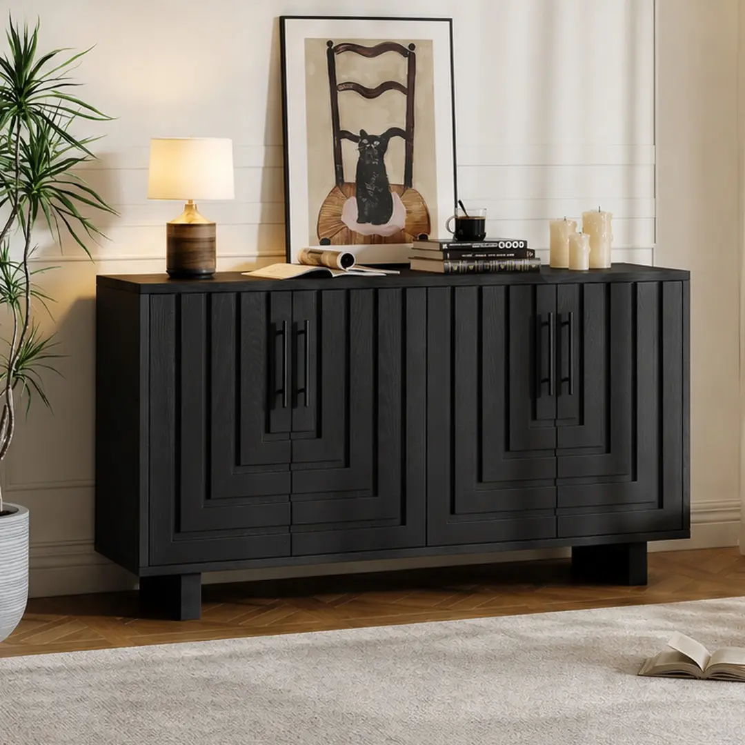 ARCH Modern 59-Inch Black Accent Cabinet - MDF-Iron Buffet Cupboards, Freestanding Interior Storage Furniture, 4 Doors, 3-4 Spaces, Durable Modern Apartment Furniture, Assembly Required (15.75W x 59.00D x 32.50H in) for Living Room, Dining Room