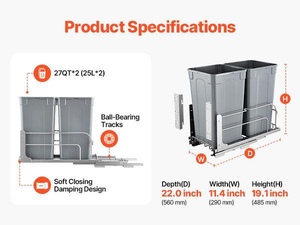 Double Pullout Waste Container Kitchen Trash Can with Soft Close Grey 27QTx2