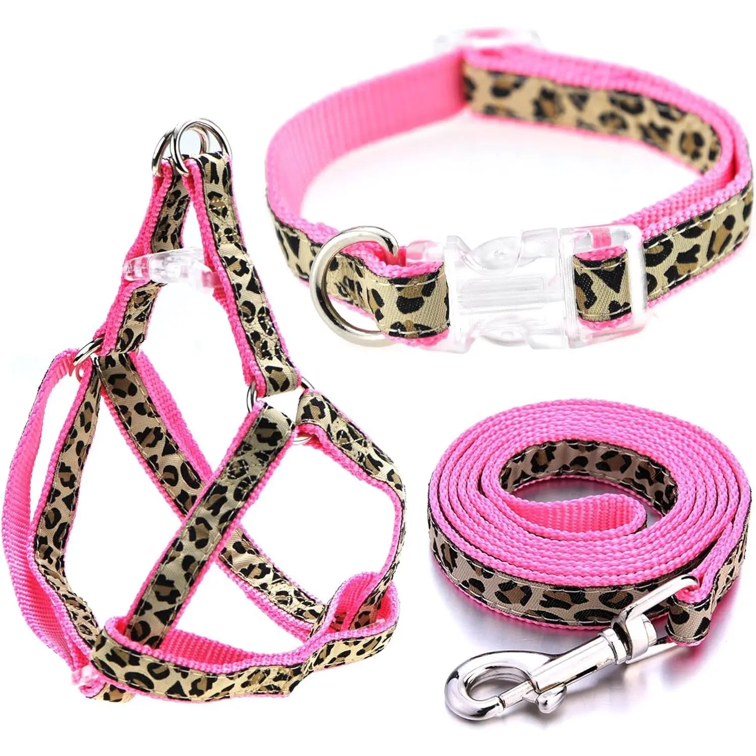 Leopard Dog Harness Collar Leash Set, Adjustable No Pull Dog Halter Harness for Small Breed Dogs, Easy Control for Training Walking (Pink, XS Chest 9"-15", Neck 8"-12")