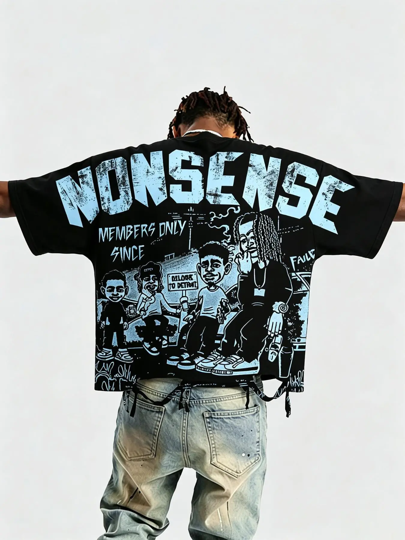 American High Street Cartoon Print Short Sleeve T-Shirt, Distressed Bat Sleeve Design, Loose Fit, Unisex Streetwear Top