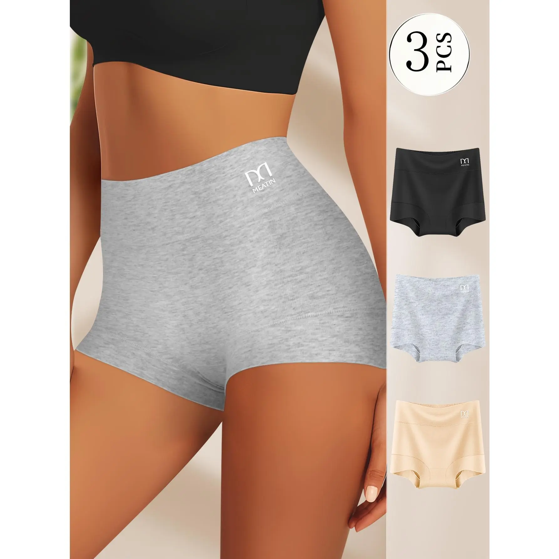 QUASTI 3 Pack High Waist Cotton Boyshort Panties, 92% Cotton Ultra Soft Stretch Solid Color Full Coverage Women Underwear, Comfort Neutral Multipack Daily Underwear, S-4XL