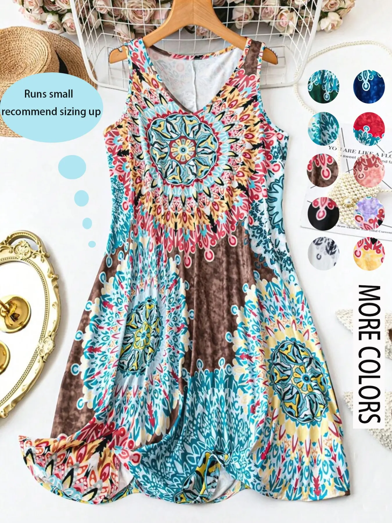 Women's Plus Size All Over Print Boho Pattern Tank Dress, Casual Basic Sleeveless Dress, Comfortable, Fashion and Stylish, Perfect for Vacation and Home Use, Boho, Bohemian