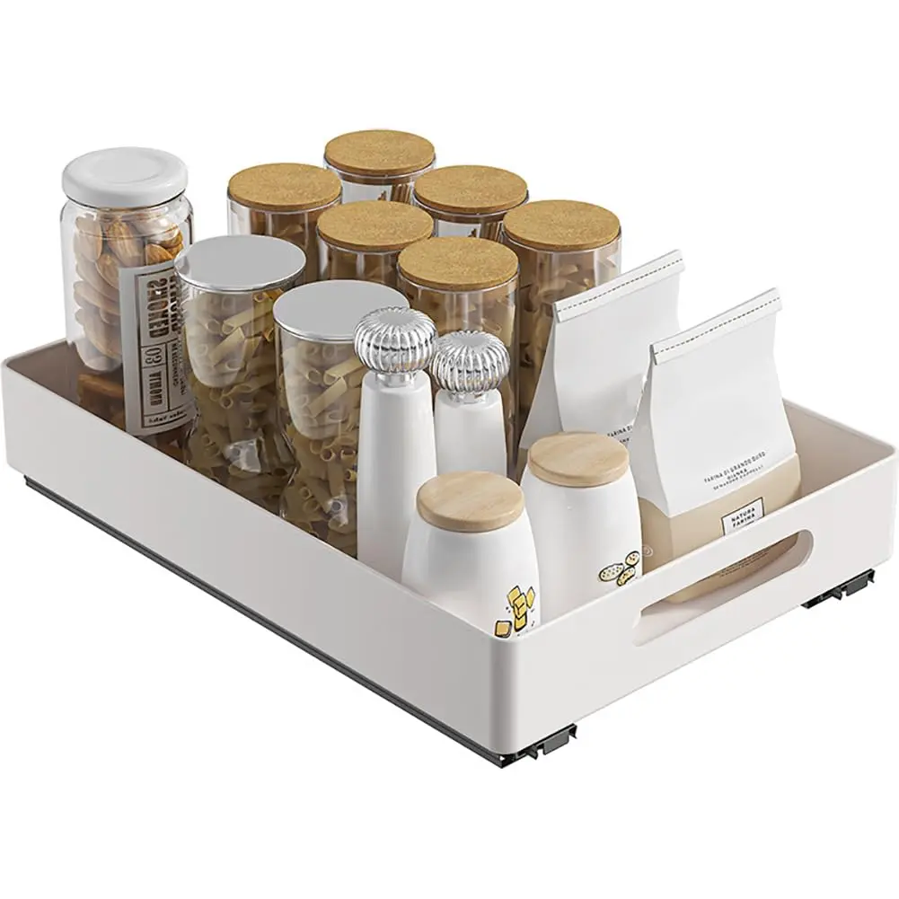 Sliding Pull Out Cabinet Organizer – Storage Basket for Kitchen, Pantry, Bathroom – Under Sink Shelf Organizer – White – 37x26x8cm