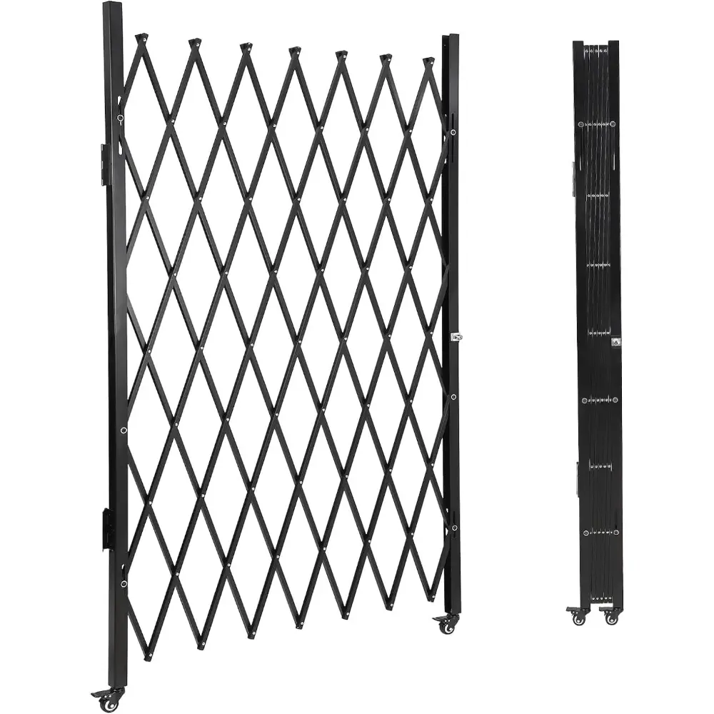 Single Folding Security Door, 85" H x 95" W / 61"H X 71"W Portable Flexible Expandable Fence Gate, Steel Accordion Security Gate with 360°Rolling Wheel - Ideal for Courtyards, Garages, Gardens