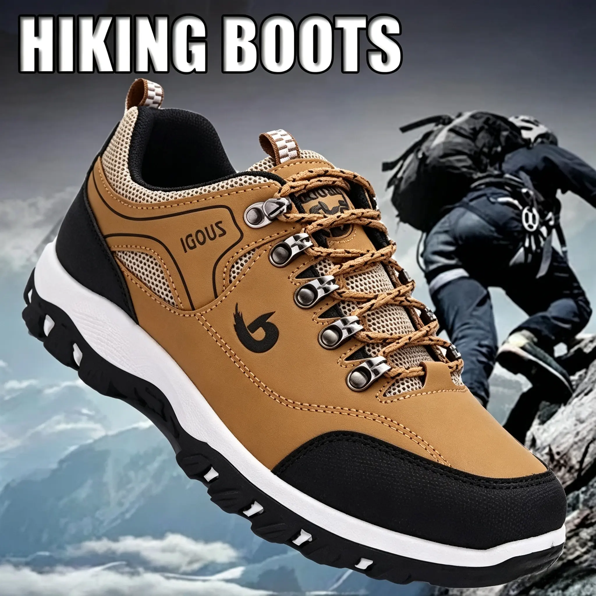 Men's PU Leather Casual Hiking Shoes - Lace-Up, All Seasons Waterproof, Lightweight Breathable Cloth-Lined, Anti-Slip Wear-Resistant Trekking Boots for Backpacking, Men's Hiking Shoes, Synthetic, Rubber, Eu 39 48