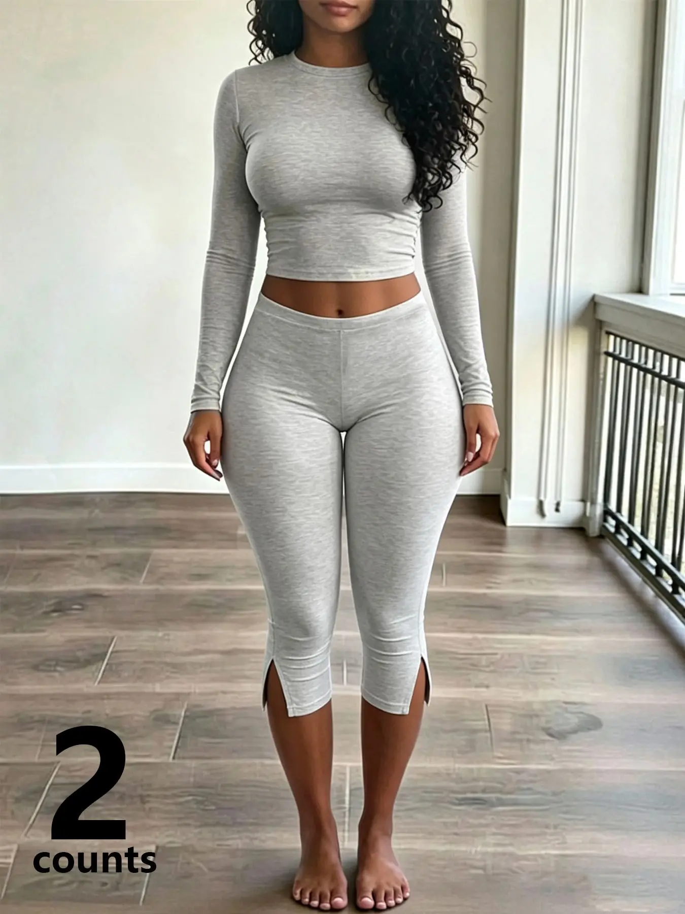 Women's Solid Bodycon Matching Set, Crew Neck Long Sleeve Crop Top & Split Hem Capri Leggings, Casual Sports Outfit, Suitable For Fitness Training And Daily Outings