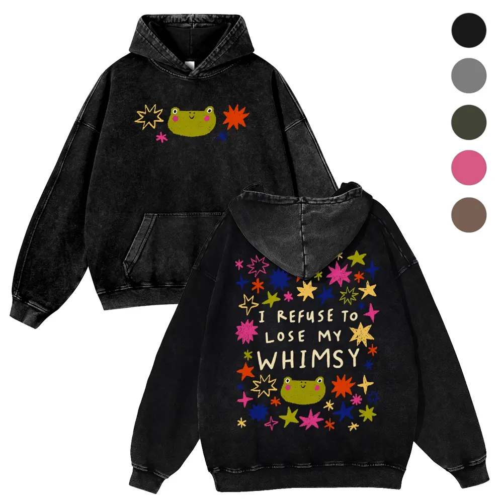 [ DTG Print ] I REFUSE TO LOSE MY WHIMSY Whimsical Pastel Crayon Drawn Colorful Star & Friendly Frog Graphic 380g Autumn VIntage Washed Hoodie Graphic Sweatshirt,back to school,back to school shopping