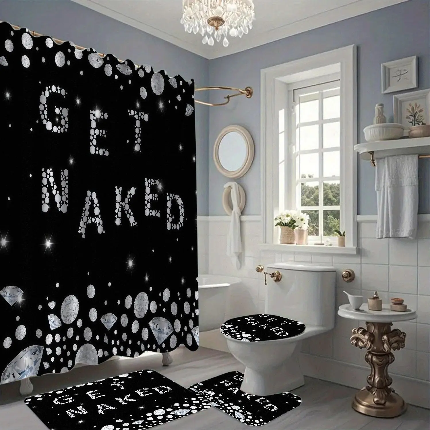 Diamond Print Shower Curtain Set, Fashionable Waterproof Polyester Bath Decor, Lightweight Luxury Style, Bathroom Accessories