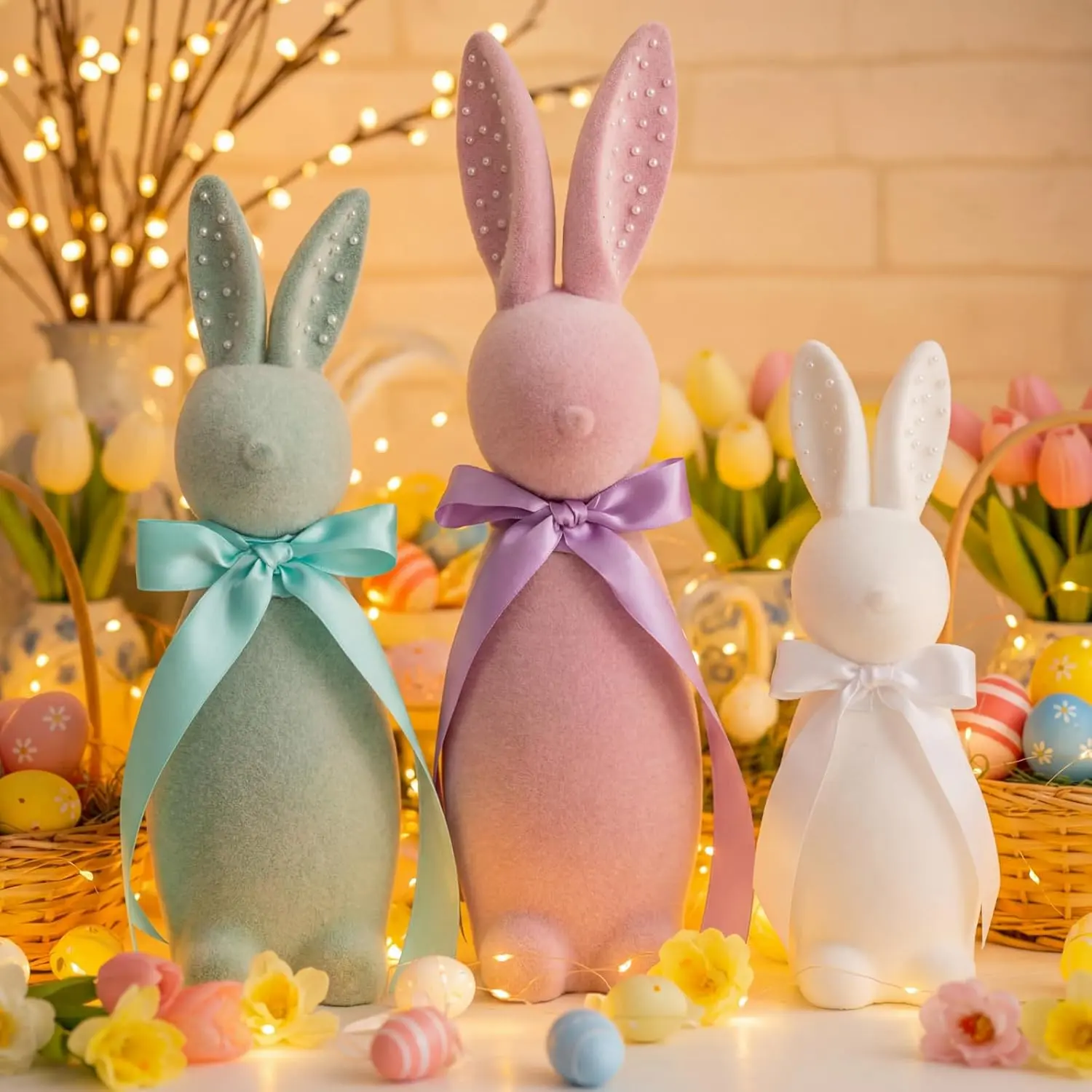 3 Pack Flocked Bunny Pastel Bow Easter Decorations(8", 10", 12") Large Easter Table Centerpieces Spring  Tabletop Shelf Decor Bunny Figurines  Tabletop for  Office Indoor Party