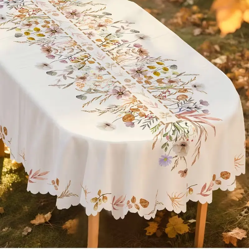 2D Flat Party Tablecloth 1pc, Romantic Floral Country Style, Light Color, Oval Shape, Ideal for Restaurant, Parties, Outdoor Events, Party Decor Supplies