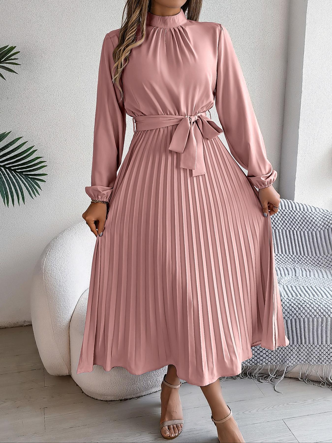 Women's Elegant Chic Long Sleeve Belted Pleated Dress, Spring & Fall Fitted Plain Design, Middle East Style Maid of Honor Gown