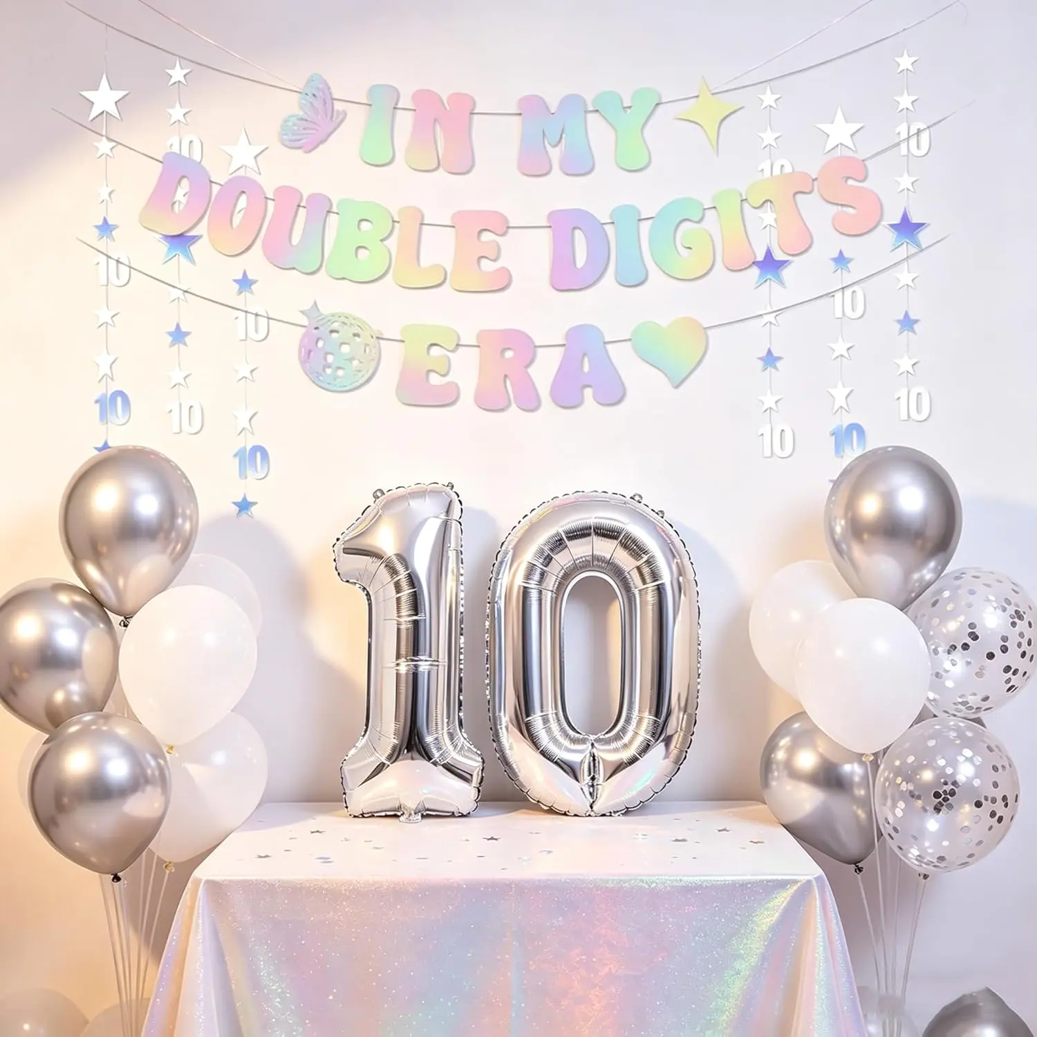 Silver 10th Birthday Decorations Kit - In My Double Digits Era Banner, 10 Number Balloons, Star Balloons, Butterfly Accents Photo Set for Kids' Party Supplies, Balloon Decor, Feminine